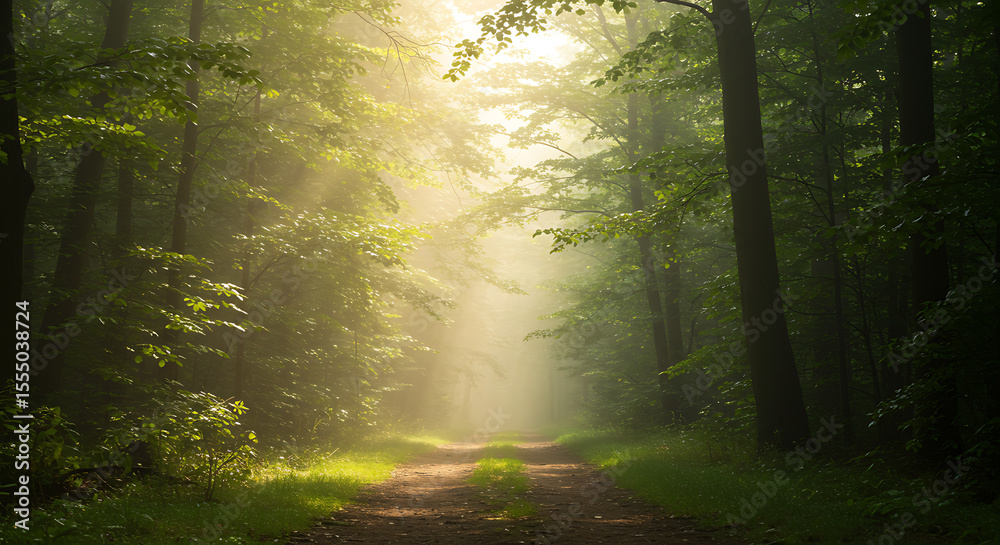 Naklejka premium Sunlit Path Through Misty Forest A Serene Nature Scene