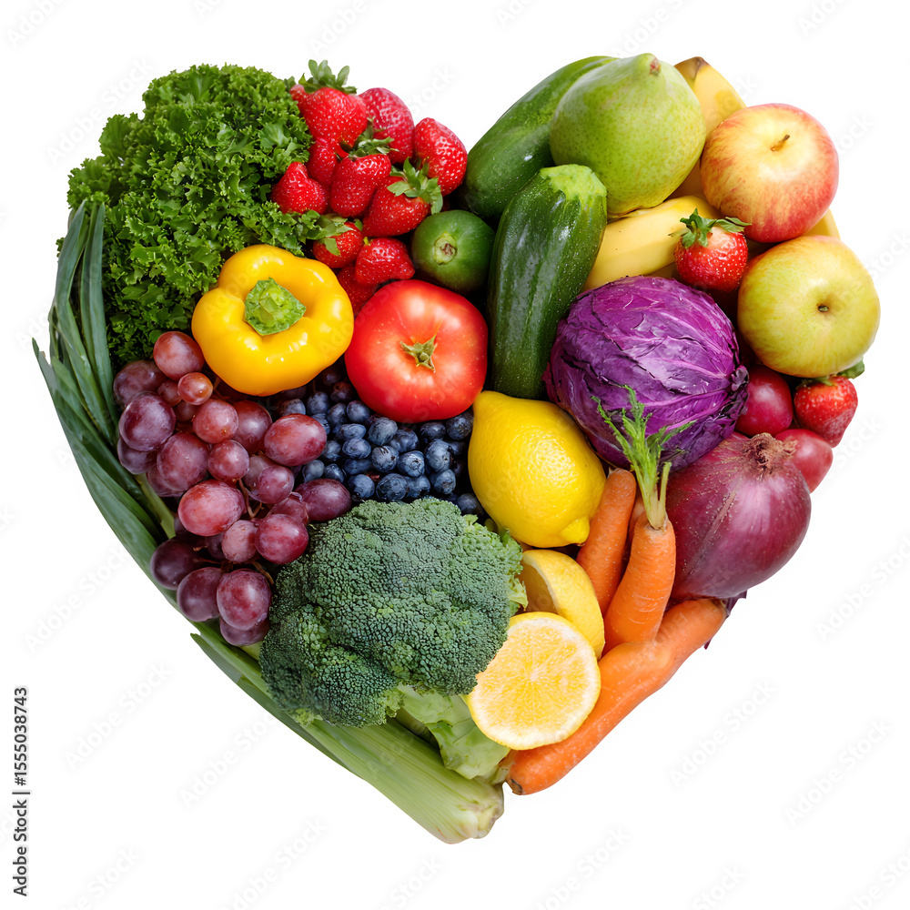 Heart shape arrangement of fresh fruits and vegetables isolated on transparent background Heart shape arrangement of fresh fruits and vegetables isolated on transparent background