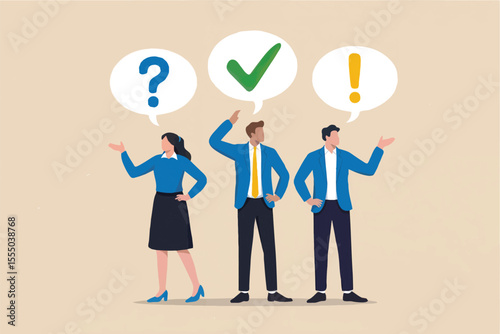 Three people with thought bubbles showing a question mark checkmark and exclamation mark isolated on transparent background