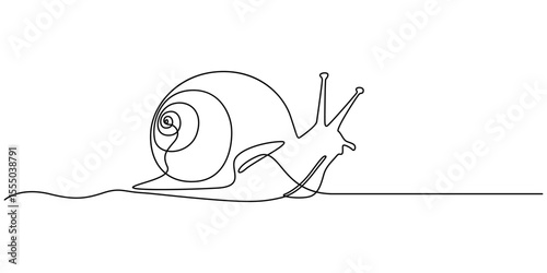 Snail continuous one line drawing isolated on white background best use for logo banner minimalism, Elegant Continuous Line Drawing of a Snail Shell Gastropods Mollusk Illustration, One single line