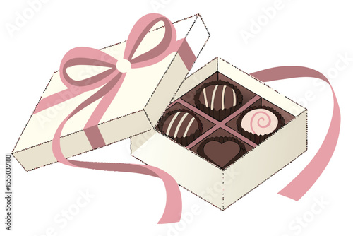 Festive gift box tied with a pink ribbon featuring assorted contents