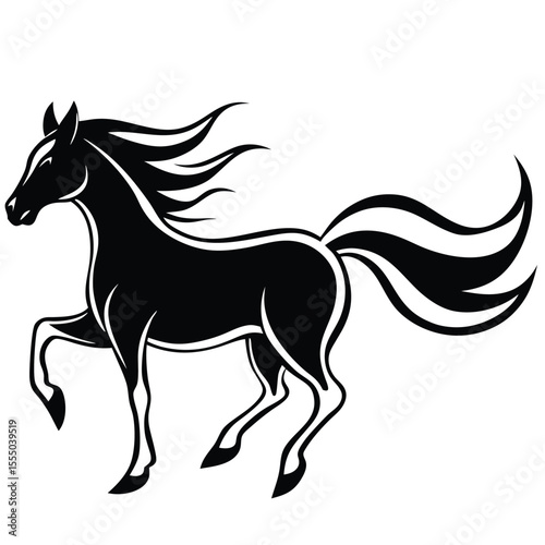 Black Silhouette of a Horse Running with Flamboyant Mane and Tail white