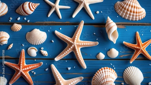 Colorful sea shells and starfish arranged on blue wooden background, emphasizing marine life and beach theme.