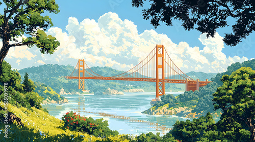 Golden Gate Bridge artwork with lush greenery, blue sky, and fluffy clouds scenic view