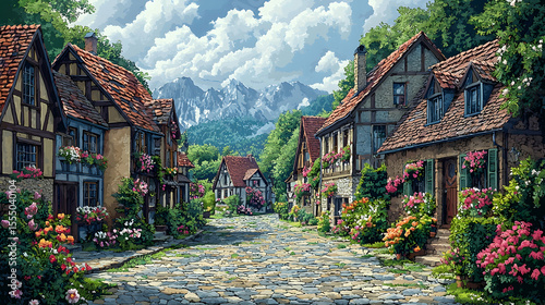 Picturesque European village street with cobblestone road, charming houses, and blooming flowers