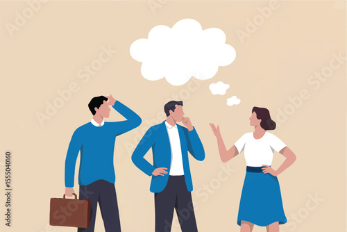 Three people in conversation with thought bubbles isolated on transparent background