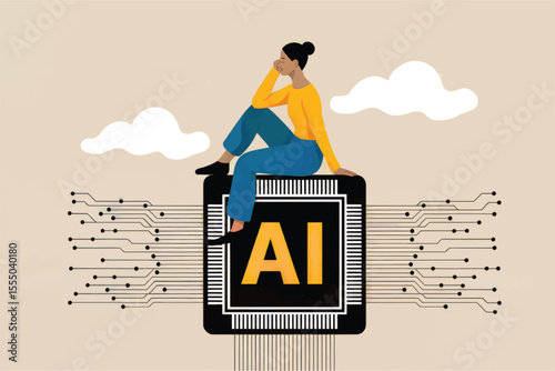 Flat cartoon vector illustration of a person sitting on an ai chip isolated on transparent background