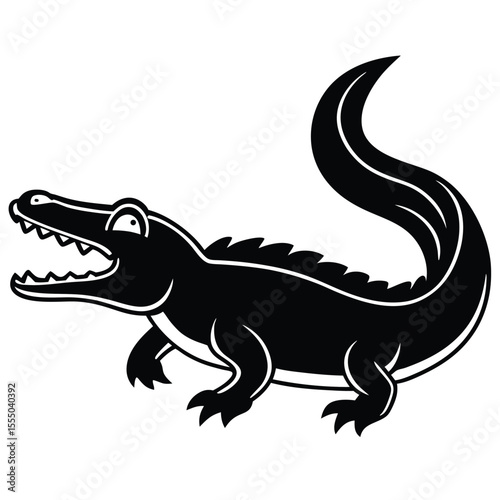 Black Alligator Silhouette Cartoon Illustration Open Mouth White Background crocodile