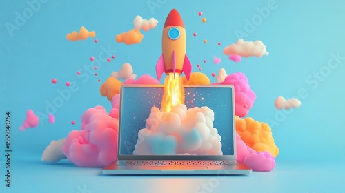 A laptop with a rocket launching from its screen, surrounded by colorful clouds