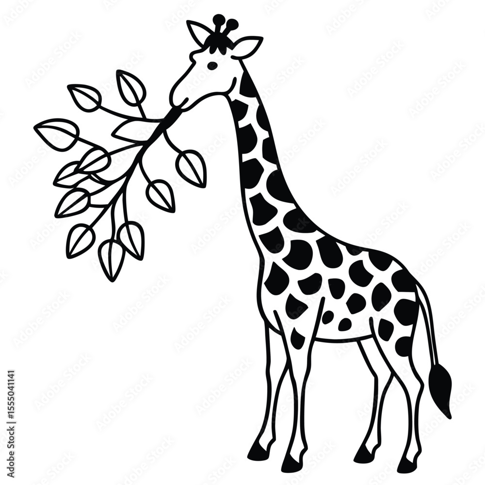 Obraz premium Black And White Giraffe Silhouette Eating Leaves Simple Line Art Illustration vector