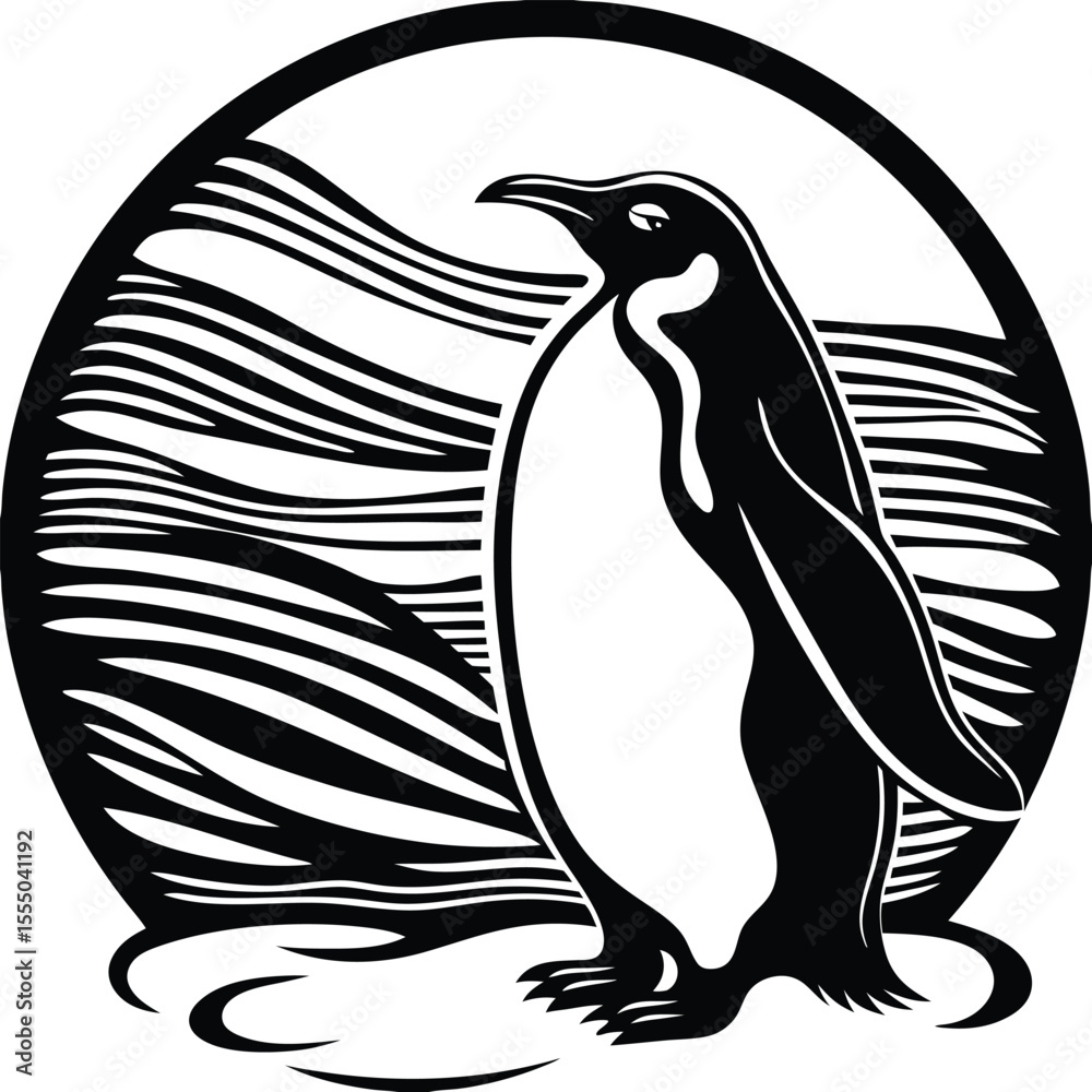 Obraz premium Black And White Penguin Silhouette Ocean Waves Abstract Art Graphic Design vector