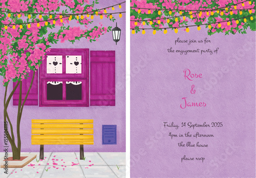 Set of watercolor wedding invitation engagement with pink floral frame illustration