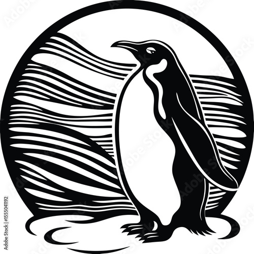 Black And White Penguin Silhouette Ocean Waves Abstract Art Graphic Design vector