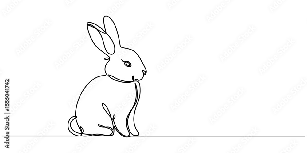 Obraz premium Continuous one line drawing of bunny. Cute rabbit silhouette with ears in simple minimalistic style Vector illustration, Rabbit continuous one line drawing. Editable stroke white isolated background. 