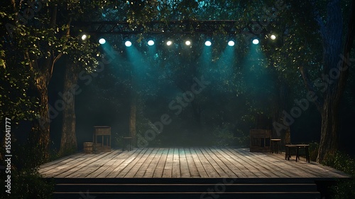 3d render of stage illuminated with spotlights. Night scene.