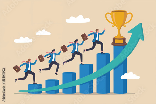Business people running up a bar graph towards a trophy isolated on transparent background
