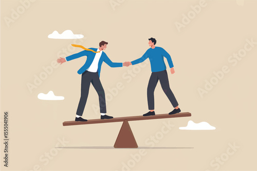 Two businessmen shaking hands on a seesaw isolated on transparent background