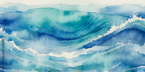 Blue ocean wave background. Blue and white water ocean background. Wavy line background. Hand drawn watercolour ocean background. Vector illustration.

