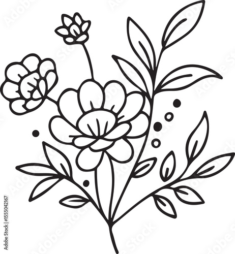 Floral Peony Vector Drawing in Black and White with Detailed Petals and Elegant Botanical Layout