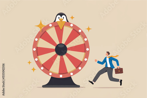 Business man chasing a spinning wheel with penguin isolated on transparent background