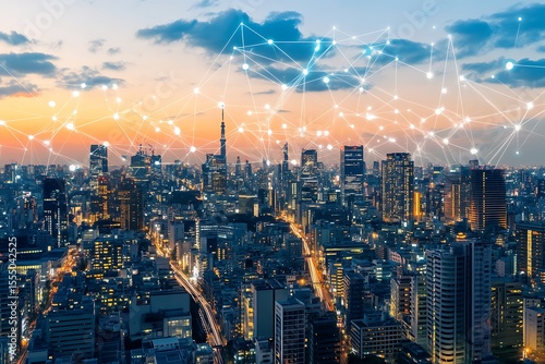 Modern city skyline illuminated at dusk with network connections and technology overlay
