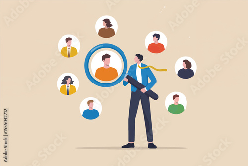 Flat cartoon vector illustration of a man with a magnifying glass over a person s profile isolated on transparent background