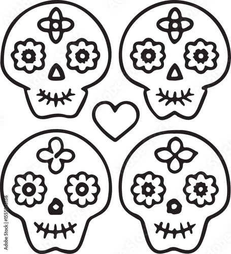 Sugar Skull Vector Art in Black and White Featuring Dia de los Muertos Design with Floral Details