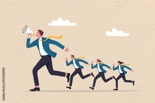 Business team running together with leader holding megaphone isolated on transparent background