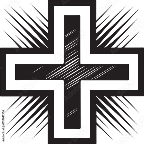 First Aid Icon in Minimal Black Line Style with Cross Symbol for Medical Health and Emergency