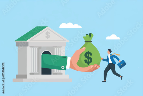 Bank hand giving money bag to businessman isolated on transparent background