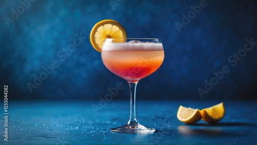 A cocktail with lemon slices on a glass, set against a dark blue background, with additional lemon wedges nearby.