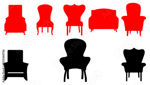 Collection of vintage chairs and armchairs furniture in red and black colors