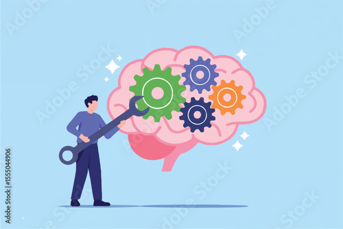 Man fixing brain gears isolated on transparent background