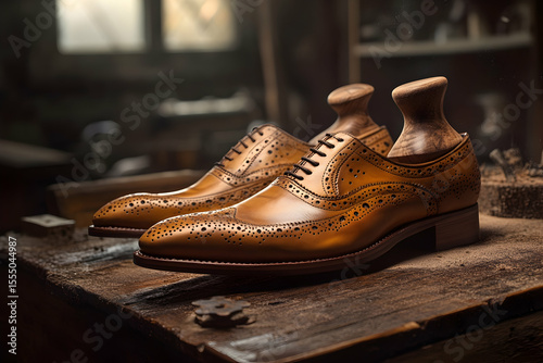 Elegant brown leather brogue shoes with shoe trees on rustic wooden table