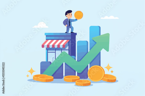 Flat cartoon vector illustration of a businessman standing on a shop with a growth chart and coins isolated on transparent background