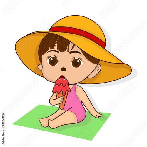 Vector illustration of cute cartoon girl with big eyes, wearing yellow hat and pink swimsuit, sitting on green rug and eating red ice cream.