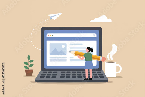 Flat cartoon vector illustration of a person writing on a laptop with a giant pencil isolated on transparent background