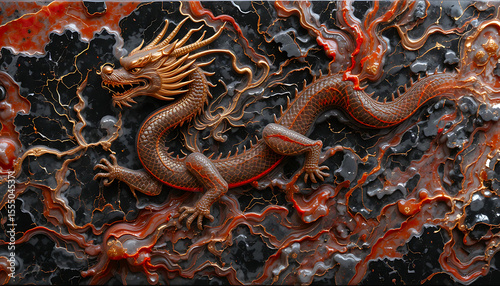 Intricate Dragon Carving on a Textured Surface