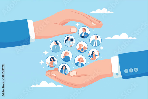 Two hands protecting a group of people in circles isolated on transparent background