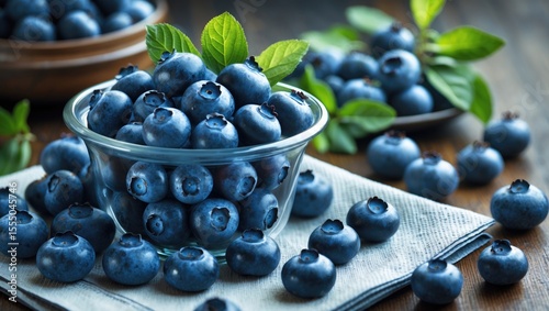 Fresh blueberries in a glass bowl with green leaves, on a cloth and wooden surface. Healthy food, nature, and berries. The concept of fresh produce and healthy eating.