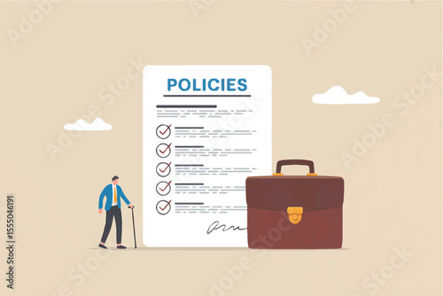 Flat cartoon vector illustration of a man with a cane standing next to a document titled policies and a briefcase isolated on transparent background