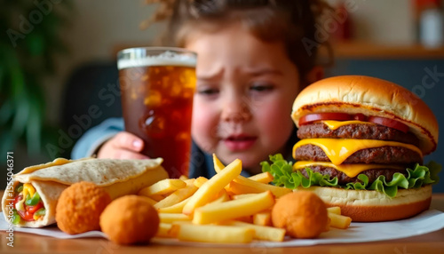 Unhealthy fast food meal with fries, burger, nuggets, soda, and sad overweight child. Concept of poor eating habits.