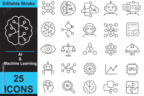 AI and Machine Learning Outline Icons – Neural Network, Deep Learning, NLP, Algorithm – Minimalist Vector Set