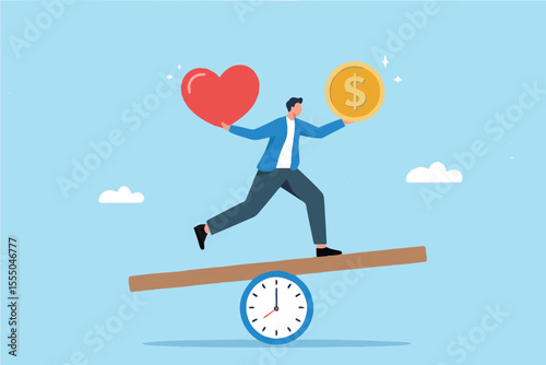 Man balancing heart and money on a seesaw with clock isolated on transparent background