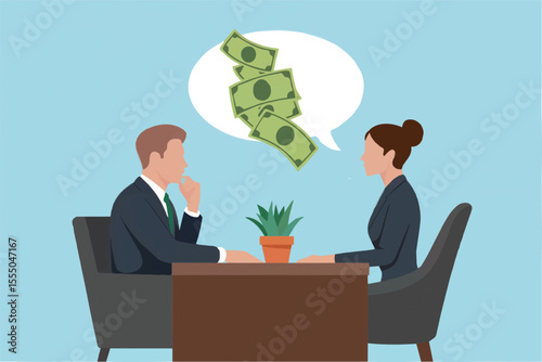Business meeting with money in thought bubble isolated on transparent background