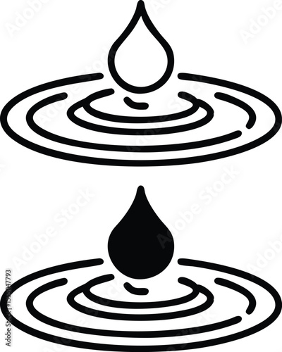 Minimalist Outlined Water Drop Icon with Circular Ripples in Teal and Dark Blue – Vector Illustration