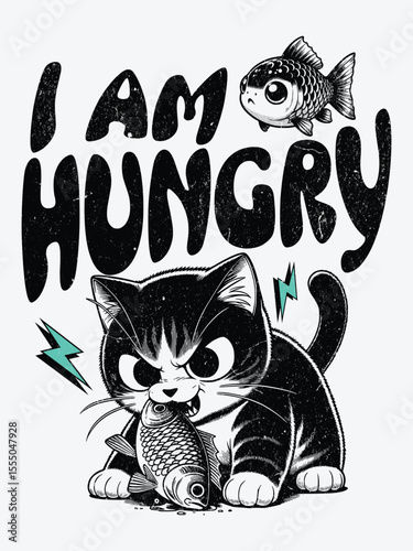 I am hungry, black cat with white background