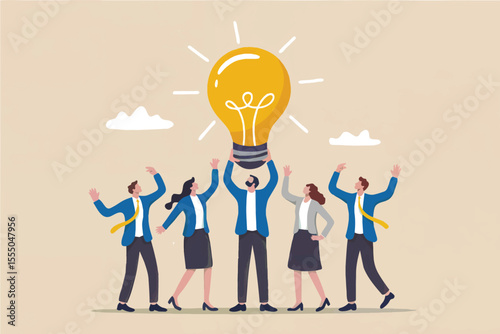 Teamwork and innovation people holding up a light bulb isolated on transparent background