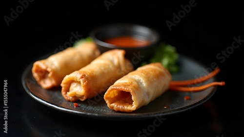 Spring Rolls and Sauce Splash in Crisp Modern Lighting