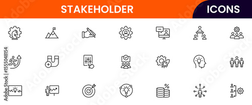 Vector illustration web line icon collection for stakeholder collaboration, influence, communication, and partnership symbols in a professional, modern, and interconnected design style.